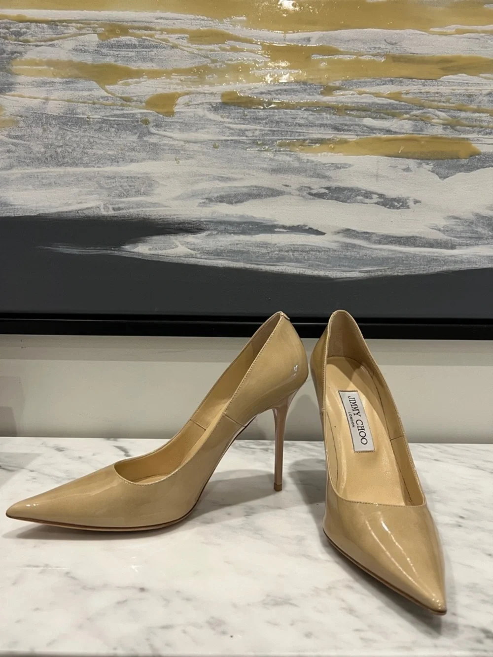 Jimmy Choo Beige Patent Leather Pointed-Toe Pumps - Picture 7 of 9